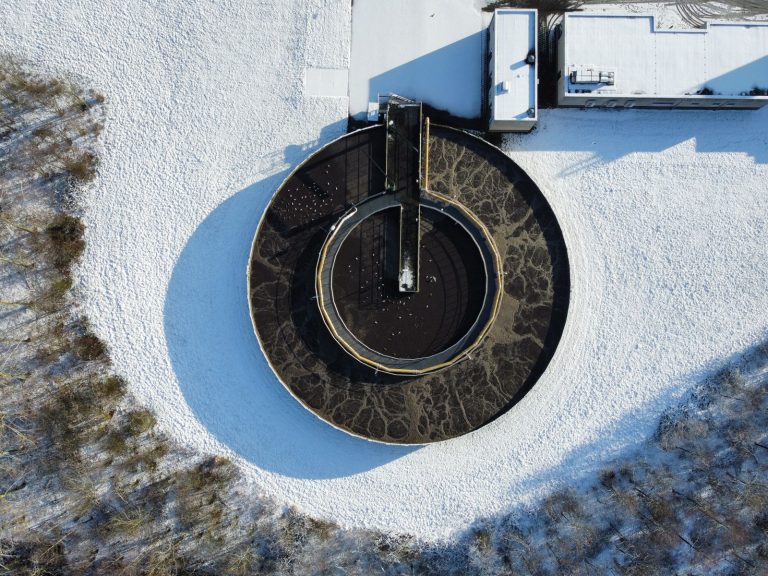 Aerial view of a wastewater treatment clarifier tank